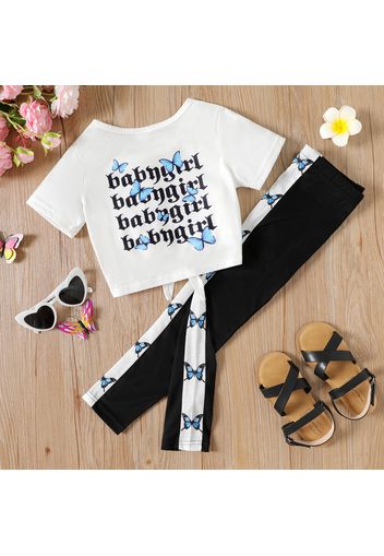 2pcs Kid Girl Letter Butterfly Print Tie Knot Short-sleeve Tee and Leggings Set