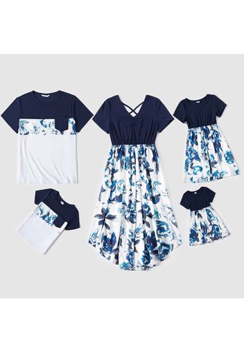 Family Matching Floral Print Splicing Short-sleeve Dresses and Splicing T-shirts Sets