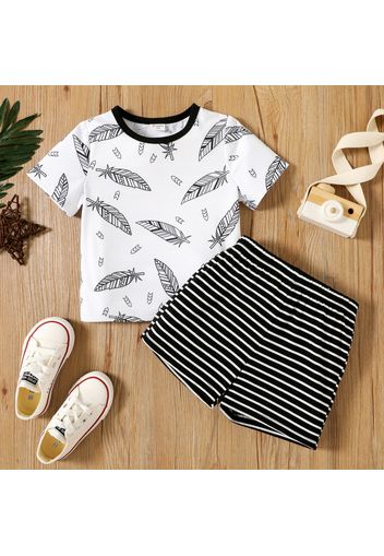 2-piece Toddler Boy Feather Print Short-sleeve Tee and Elasticized Stripe Shorts Set