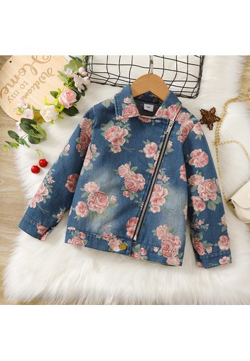 Toddler Girl 100% Cotton Floral Print Zipper Design Lapel Collar Denim Jacket