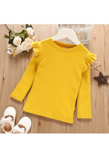 Toddler Girl Ruffled Casual Solid Ribbed Long-sleeve Top