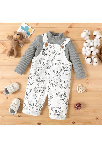 2pcs Baby Boy 100% Cotton Allover Koala Print Overalls and Long-sleeve Knitted Mock Neck Pullover Set