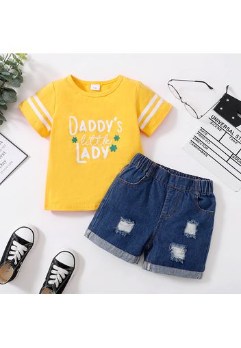 2pcs Toddler Girl Letter Print Striped Short-sleeve Tee and Blue Ripped Denim Shorts Set