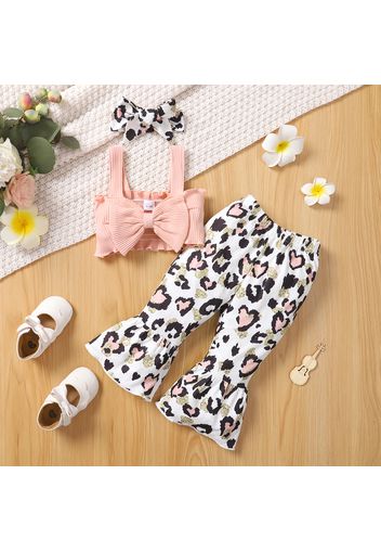 3pcs Baby Girl Shirred Spaghetti Strap Crop Top and Leopard Flared Pants with Headband Set