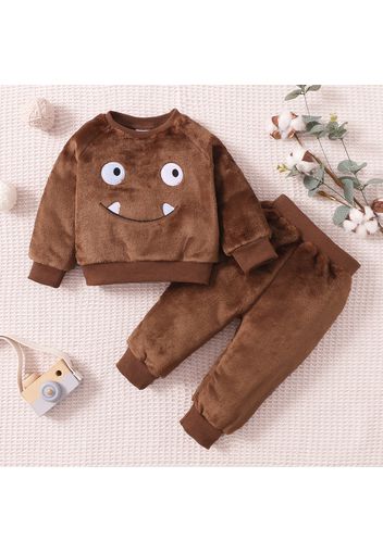 2pcs Baby Cartoon Animal Embroidered Long-sleeve Velvet Pullover Set