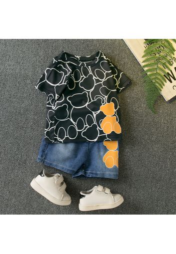 2pcs Baby Boy All Over Bear Print Short-sleeve Tee and Denim Shorts Set