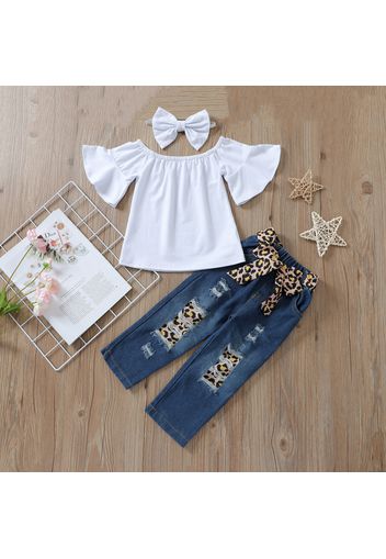 3-piece Baby Solid Flutter-sleeve Off Shoulder Top and Leopard Print Bowknot Nine-minute Jeans Set