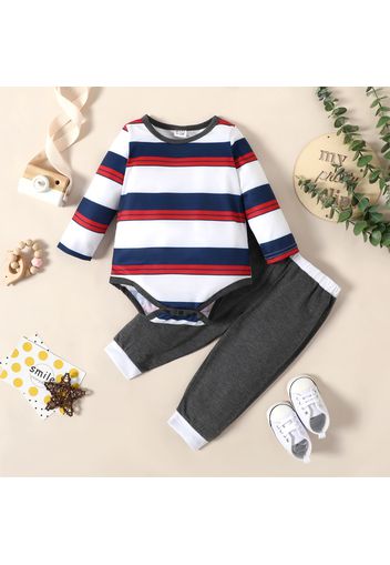 2pcs Baby Boy Striped Long-sleeve Romper and Solid Trousers Set