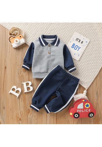 2pcs Baby Boy/Girl Color Block Lapel Long-sleeve Pullover and Track Pants Set