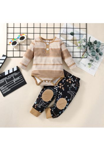 Baby 2pcs Cotton Stripe Long-sleeve Romper and Graphic Print Trouser Set