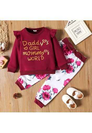 2-piece Toddler Girl Letter Print Ruffled Pullover Sweatshirt and Bowknot Design Floral Print Pants Set