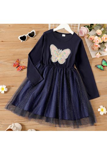 Kid Girl Butterfly Flip Sequin Mesh Design Splice Long-sleeve Dress