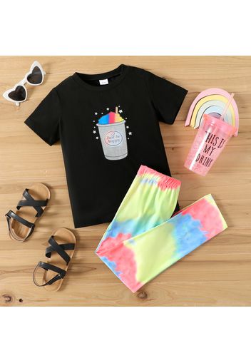 2pcs Kid Girl Letter Food Print Black Short-sleeve Tee and Tie Dyed Leggings Set