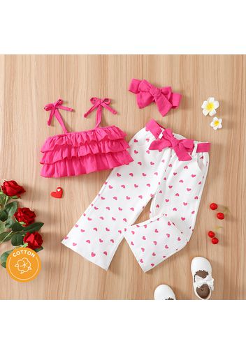 100% Cotton 3pcs Baby Girl Layered Cami Top and Allover Love Heart Print Belted Pants with Headband Set