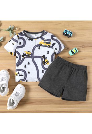 2-piece Toddler Boy Road Vehicle Print Short-sleeve Tee and Elasticized Grey Shorts Set