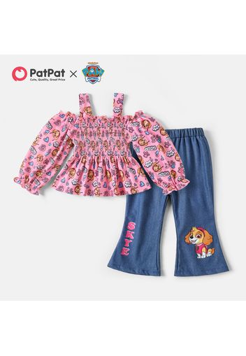 PAW Patorl 2pcs Toddler Allover Print Smocked Strap Blouse and 100% Cotton Denim Flared Pants Set