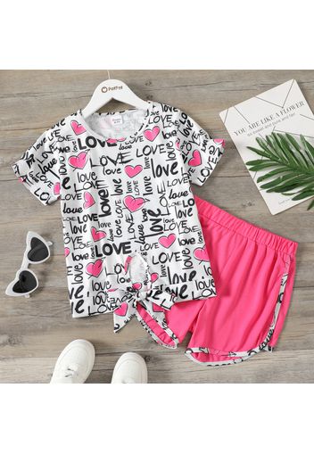 2-piece Kid Girl Letter Heart Print Tie Knot Tee and Elasticized Shorts Set