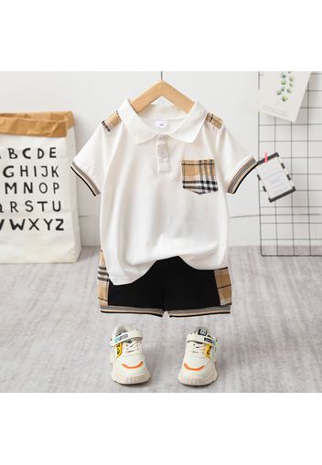 2pcs Toddler Boy Casual Plaid Striped Polo Shirt and Shorts Set