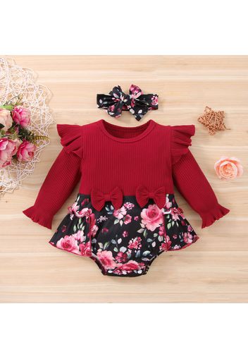 2pcs Baby Girl Red Ribbed Ruffle Long-sleeve Splicing Floral Print Skirted Romper Set