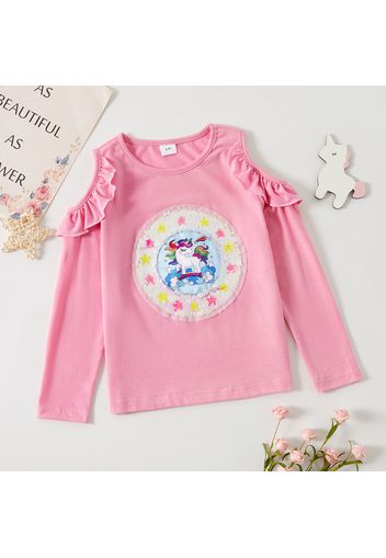 Pretty Kid Girl Unicorn Print Sequined Flounce Cold Shoulder Long-sleeve Pink T-shirt