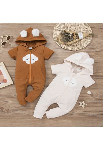 Baby Boy Ribbed Short-sleeve 3D Ears Hooded Cartoon Cloud Embroidered Zip Jumpsuit