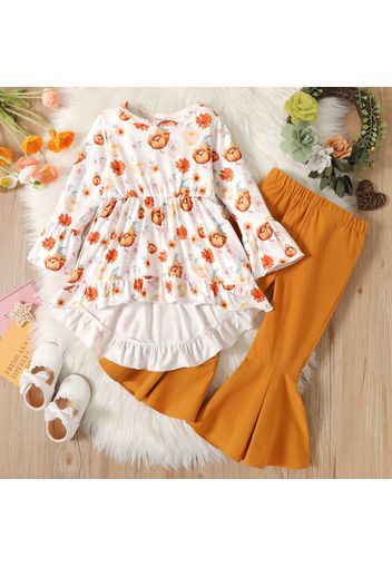 2-piece Toddler Girl Floral Print Ruffled High Low Long-sleeve Top and Flared Pants Set