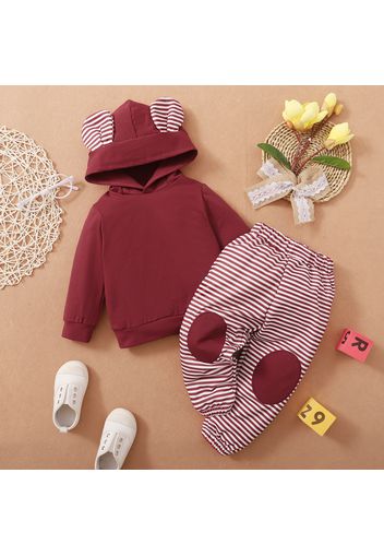 2-piece Toddler Girl Ear Design Hoodie Sweatshirt and Stripe Pants Set