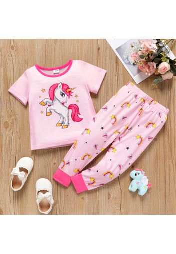 2-piece Toddler Girl Unicorn Stars Print Tee and Rainbow Print Pink Pants Set