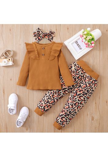 3-piece Toddler Girl Ruffled Long-sleeve Ribbed Brown Top, Leopard Print Pants and Headband Set