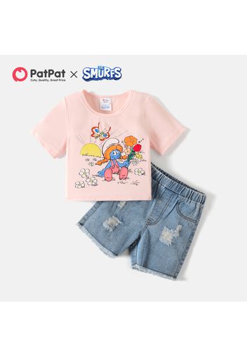 Smurfs 2pcs Kid Girl Flroal Print Short-sleeve Pink Tee and Ripped Denim Cotton Shorts Set