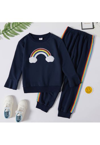 2-piece Kid Girl Rainbow Sequined Bell sleeves Pullover Sweatshirt and Striped Pants Set