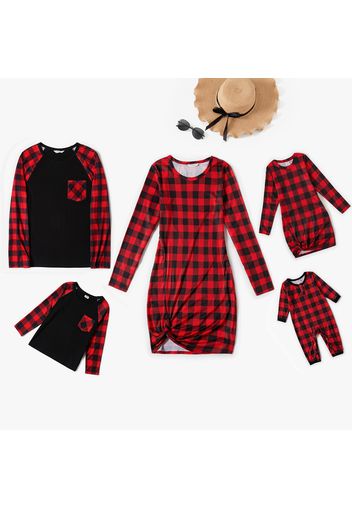 Christmas Red Plaid Family Matching Long-sleeve Twist Knot Dresses and T-shirts Sets