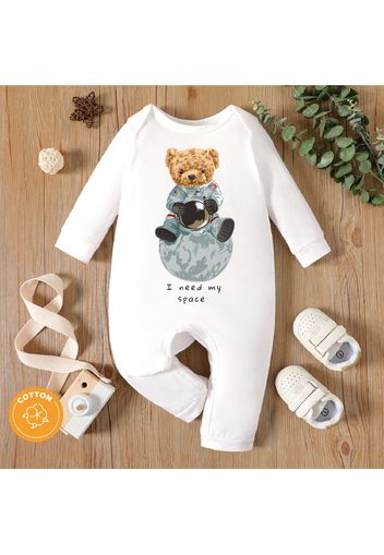 Baby Boy 95% Cotton Long-sleeve Outer Space Astronaut Teddy Bear Print White Jumpsuit