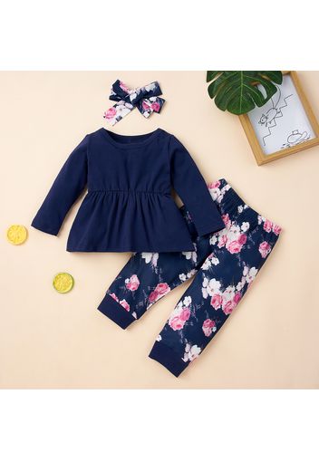 3pcs Baby Solid Long-sleeve Top and Floral Floral Print Trousers Set