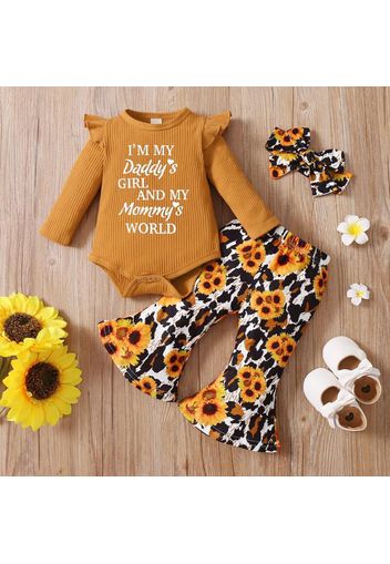 3pcs Baby Letter Embroidered Ribbed Long-sleeve Romper and Sunflower Floral Print Bell Bottom Pants Set