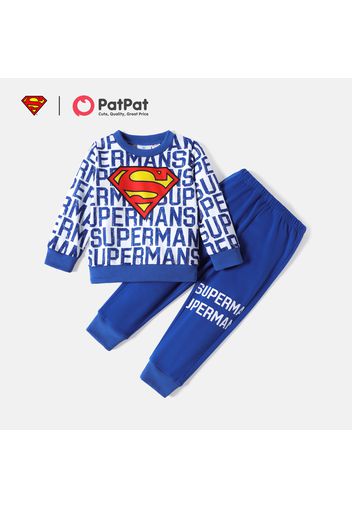 Superman 2pcs Toddler Boy Allover Letter Print Pullover Sweatshirt and Elasticized Blue Pants Set