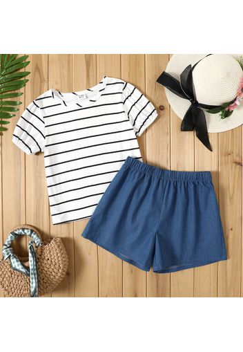 2-piece Kid Girl Stripe Short-sleeve Tee and Denim Shorts Set