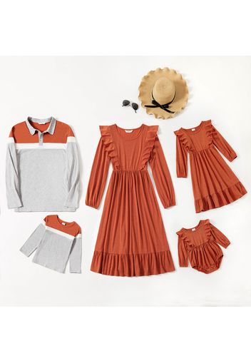 Family Matching Solid Long-sleeve Ruffle Midi Dresses and Color Block T-shirts Sets