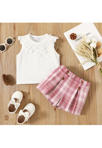 2pcs Toddler Girl Lace Bowknot Design Sleeveless White Tee and Pink Plaid Shorts Set