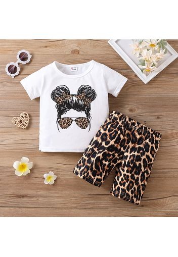 2pcs Toddler Girl Cartoon Figure Print Short-sleeve White Tee and Leopard Print Shorts Set