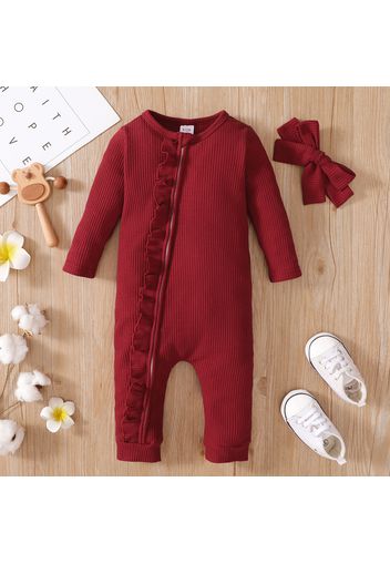 2pcs Baby Girl Solid Waffle Cotton Long-sleeve Ruffle Zip Jumpsuit Set