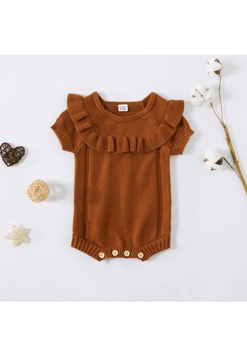 Baby Girl Solid Color Ruffled Short-sleeve Knit Romper