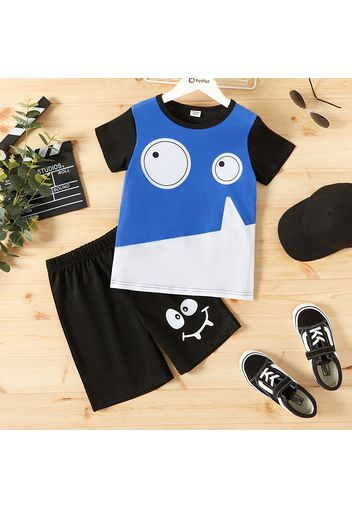 2pcs Kid Boy Emojis Print Colorblock Short-sleeve Tee and Black Shorts Set