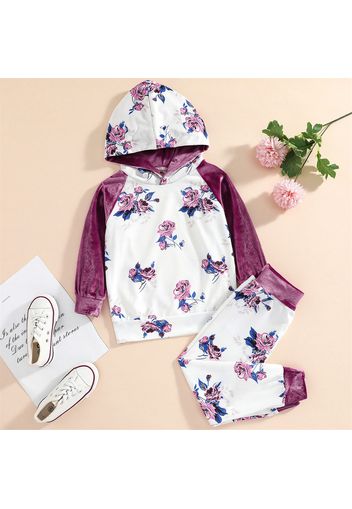 2-piece Kid Girl Floral Print Colorblock Hoodie Sweatshirt and Pants Set