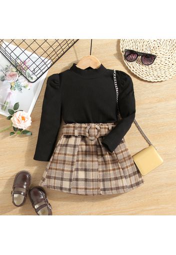 2-piece Toddler Girl Mock Neck Puff-sleeve Long-sleeve Ribbed Top and Belted Plaid Skirt Set