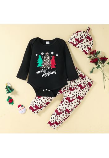 Baby 3pcs Christmas Tree Black Long-sleeve Romper and Deer Print Trouser Set