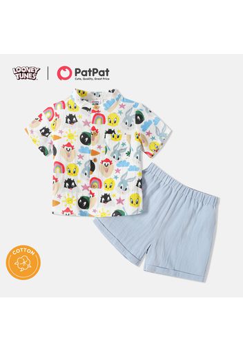 Looney Tunes 100% Cotton Baby Boy Allover Cartoon Animal Print Stand Collar Short-sleeve Shirt and Solid Shorts Set