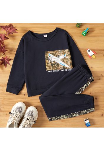 2-piece Kid Boy Letter Vehicle Plane Camouflage Print Long-sleeve Tee and Colorblock Pants Set