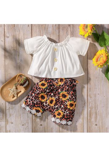 2pcs Baby Girl Button Design Ribbed Short-sleeve Top and Sunflower Leopard Print Shorts Set