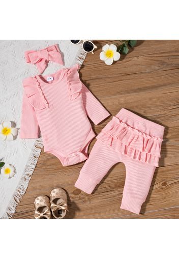 3pcs Baby Girl Solid Ribbed Cotton Long-sleeve Ruffle Romper and Trousers Set